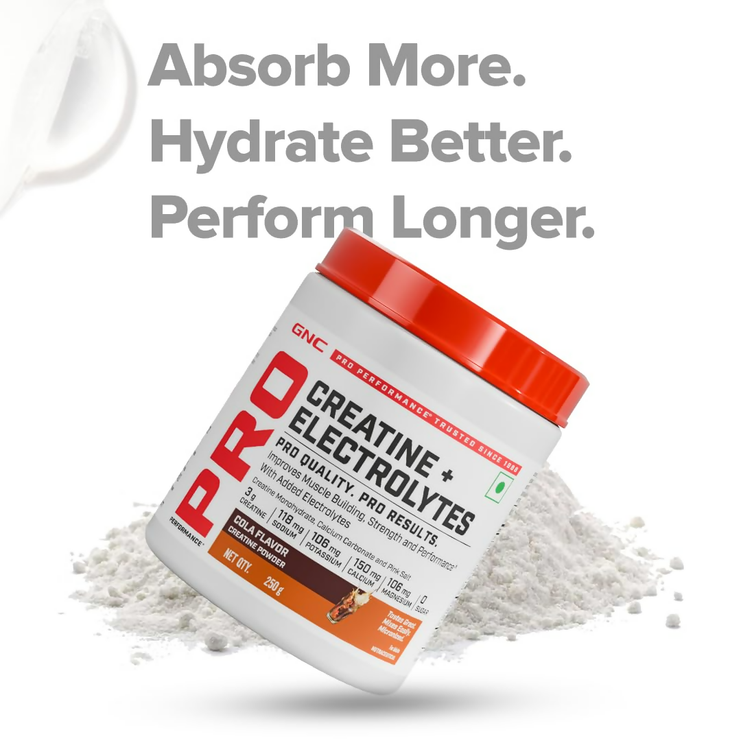 GNC Creatine+ Electrolytesh Cola Ayurvedic protein powder container with label showing product details and branding