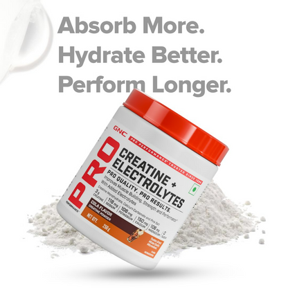GNC Creatine+ Electrolytesh Cola Ayurvedic protein powder container with label showing product details and branding
