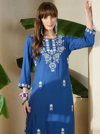 Floral Embroidered Straight Kurta with Trousers