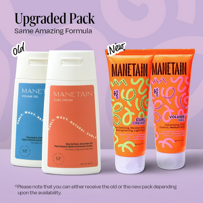 Manetain volume gel and curl cream combo for hair styling, showing the product bottles with labels on a white background.