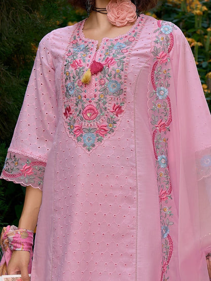 Women Floral Embroidered Regular Thread Work Pure Cotton Kurta with Trousers & With Dupatta