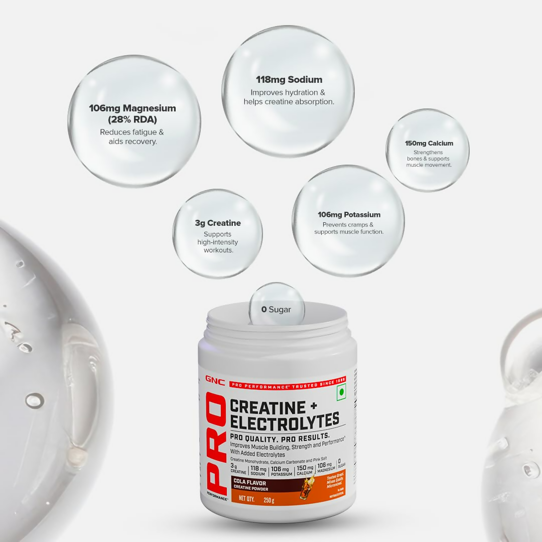 GNC Creatine+ Electrolytes Cola Ayurvedic protein powder in a jar with a scoop, highlighting the supplement's packaging and branding.