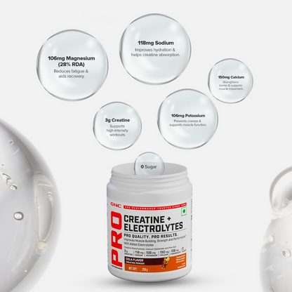 GNC Creatine+ Electrolytes Cola Ayurvedic protein powder in a jar with a scoop, highlighting the supplement's packaging and branding.