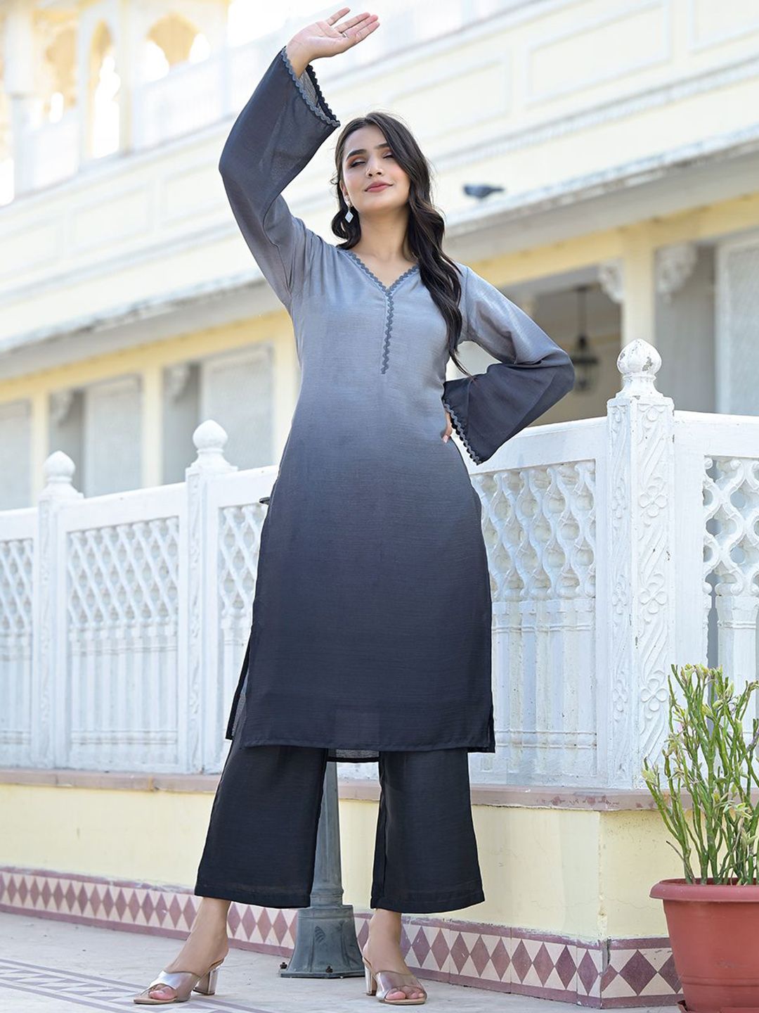 Indyancart VA Women's Ombre Regular V neck Silk Blend Kurta with Trousers