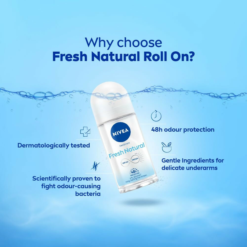 Nivea Fresh Natural Roll On underarm deodorant for women, showing the sleek container and smooth applicator.