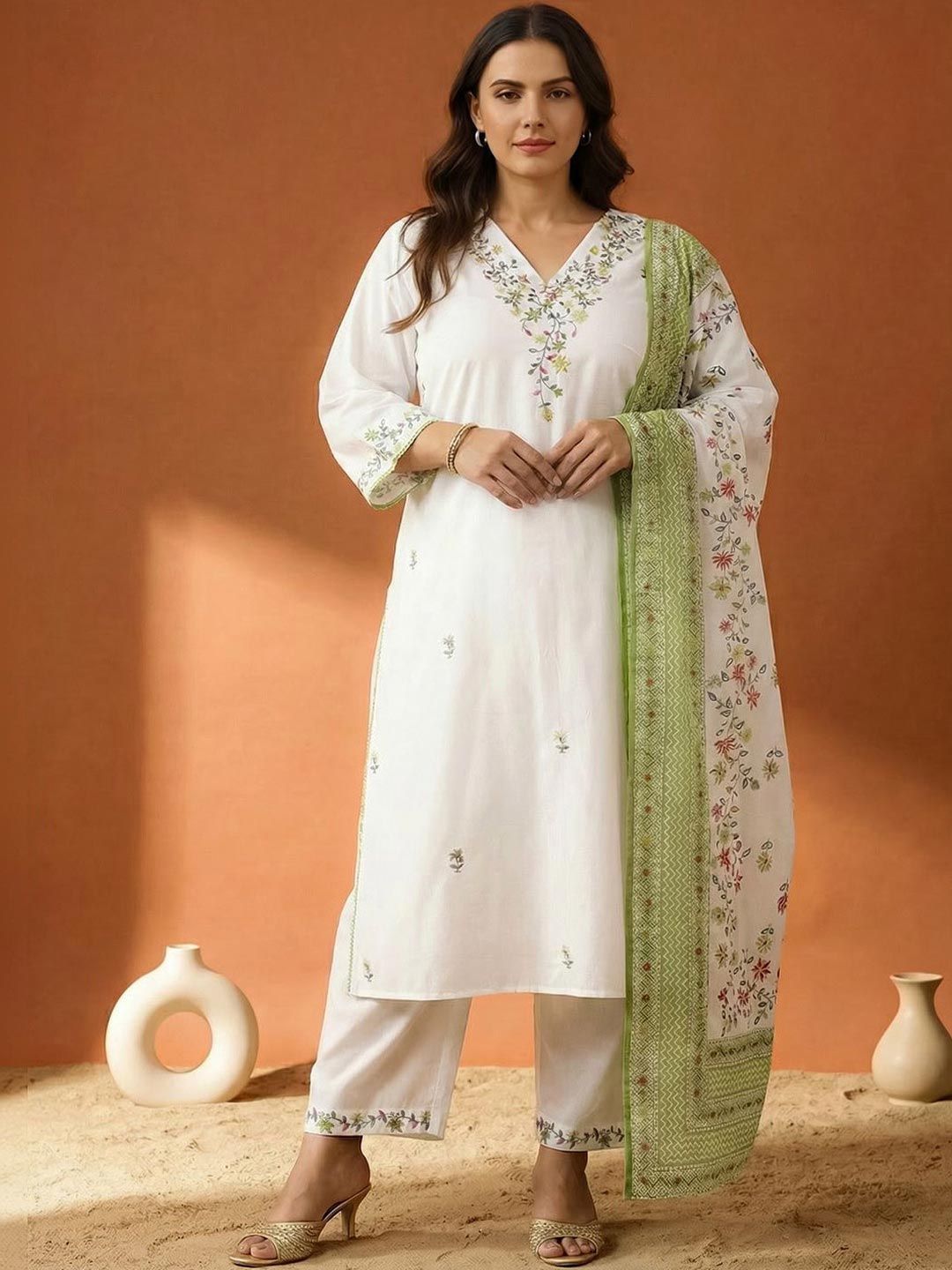 Indyancart Women's Floral Embroidered Regular Thread Work Pure Cotton Kurta with Trousers & With Dupatta