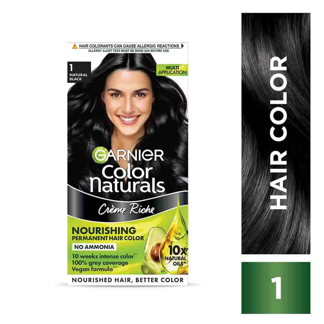 Garnier Color Naturals Creme Riche Hair Color in Shade 1 Natural Black, showing the hair dye tube and packaging.