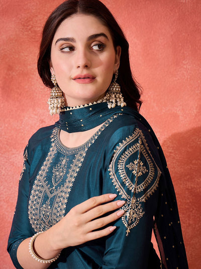 Indyancart SN Women's Floral Yoke Design Sequinned Chinon Silk Anarkali Kurta With Trousers And Dupatta