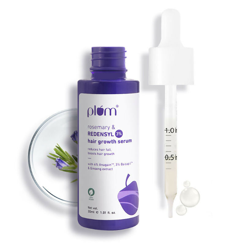 Plum Rosemary & 3% Redensyl Hair Growth Serum bottle with dropper, designed for nourishing hair and promoting growth.