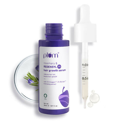 Plum Rosemary & 3% Redensyl Hair Growth Serum bottle with dropper, designed for nourishing hair and promoting growth.