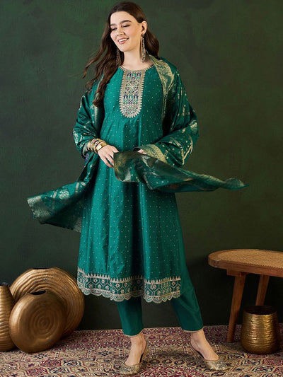 Indyancart SN Women's Floral Embroidered Layered Kurta with Trouser & Dupatta