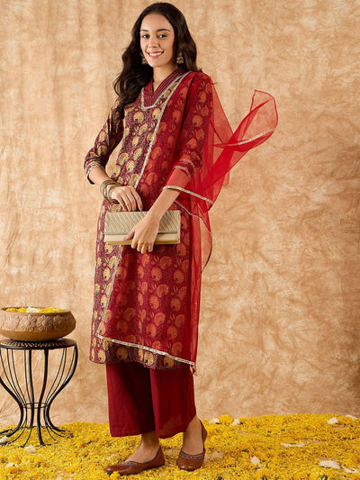 Dhiyona IE Floral Printed Straight Thread Work Kurta with Palazzos & Dupatta