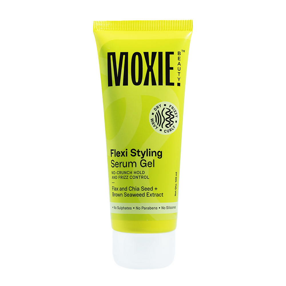 Moxie Beauty Flexi Styling Serum Gel bottle showing the clear gel texture and product label, ideal for flexible hair styling.