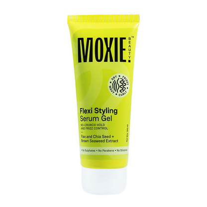 Moxie Beauty Flexi Styling Serum Gel bottle showing the clear gel texture and product label, ideal for flexible hair styling.
