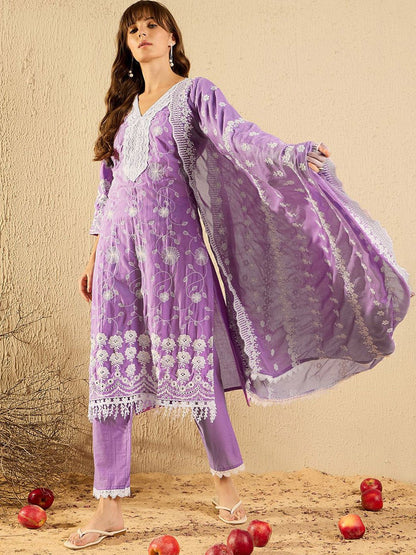Indyancart IE Women Ethnic Motifs Embroidered Regular Thread Work Pure Cotton Kurta with Trousers & With Dupatta