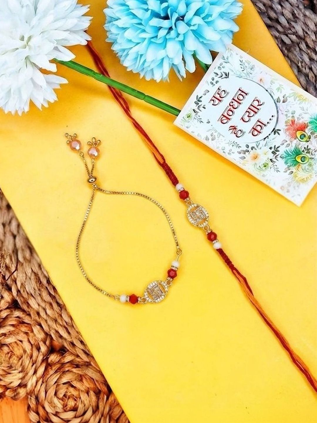 Anouk Set Of 2 Artificial Stones & Beads Swastik Bhaiya Bhabhi Rakhi With Roli Chawal