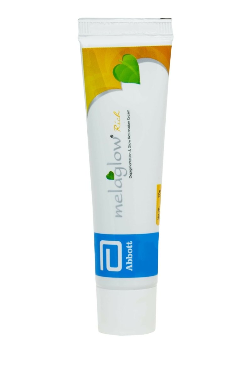 Abbott Melaglow Rich Depigmentation and Glow Restoration face gel in a jar, showcasing its smooth texture and packaging.
