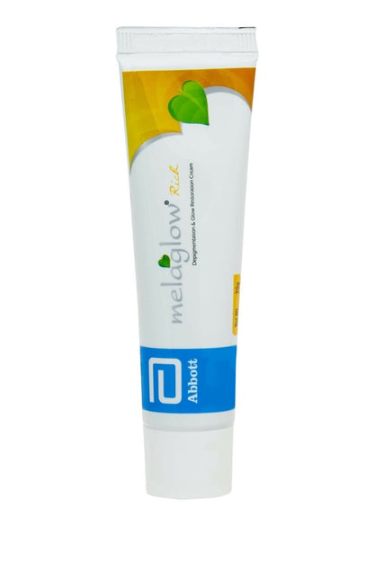 Abbott Melaglow Rich Depigmentation and Glow Restoration face gel in a jar, showcasing its smooth texture and packaging.