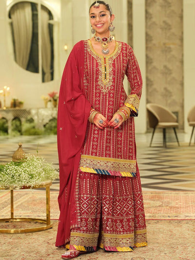 Indyancart IE Ethnic Motifs Embroidered Straight Sequinned Kurta With Sharara & Dupatta