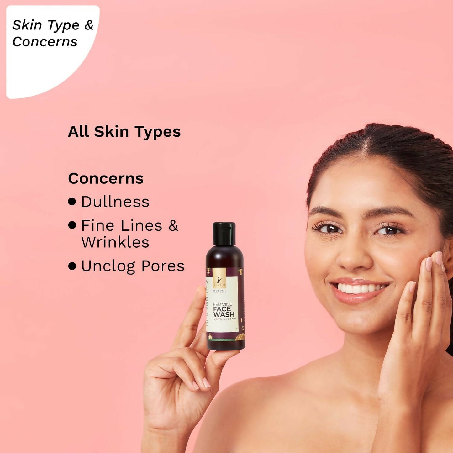Pilgrim French Red Vine face wash with vitamin C and aloe, featuring exfoliating scrubs for anti-aging and dark spot reduction.