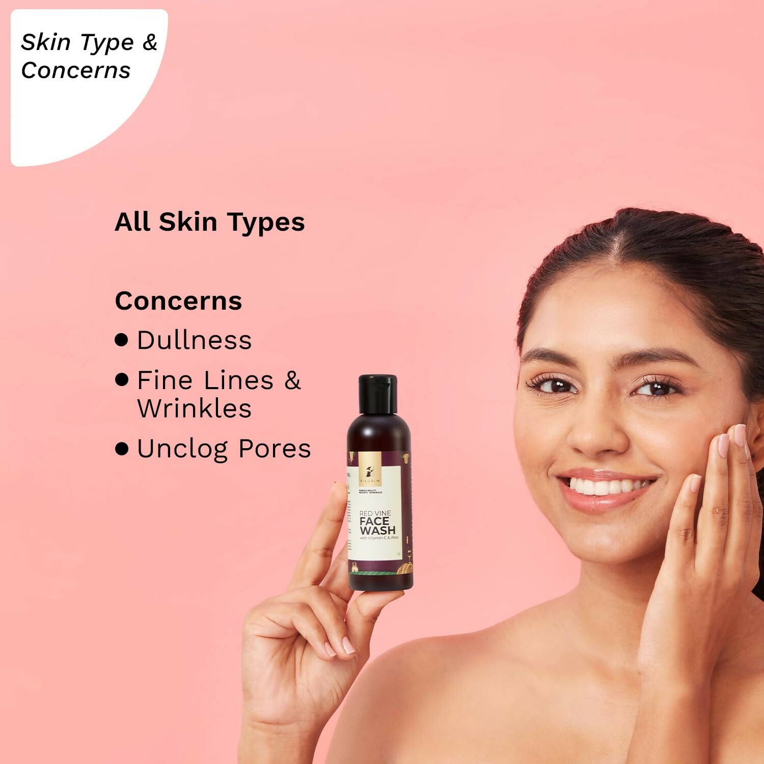 Pilgrim French Red Vine face wash with vitamin C and aloe, featuring exfoliating scrubs for anti-aging and dark spot reduction.
