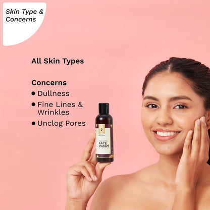 Pilgrim French Red Vine face wash with vitamin C and aloe, featuring exfoliating scrubs for anti-aging and dark spot reduction.