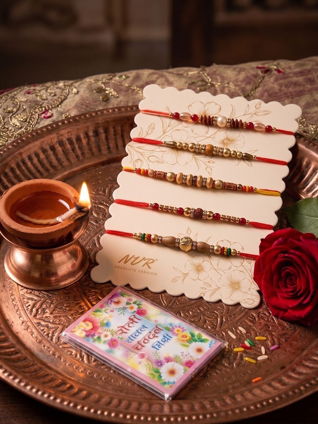 Anouk Set Of 5 Multicolor Designer Thread Rakhi With Roli Chawal Chandan Mishri