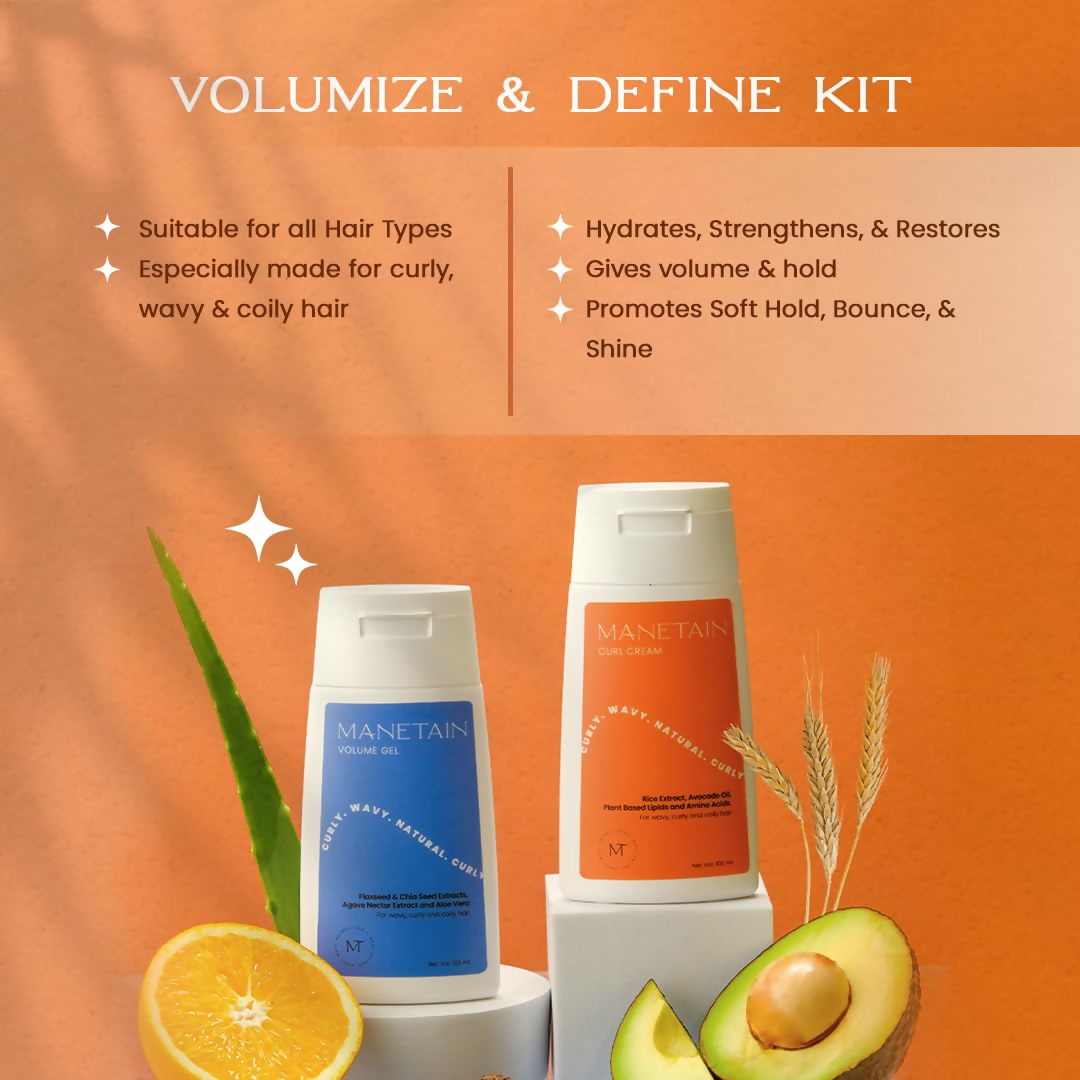 Manetain Volume Gel and Curl Cream combo for hair styling, featuring gel and cream containers with textured hair in the background.