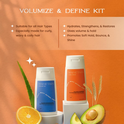 Manetain Volume Gel and Curl Cream combo for hair styling, featuring gel and cream containers with textured hair in the background.