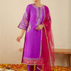 Dhiyona IE Floral Yoke Design Round Neck Thread Work Straight Kurta & Dupatta with Trousers