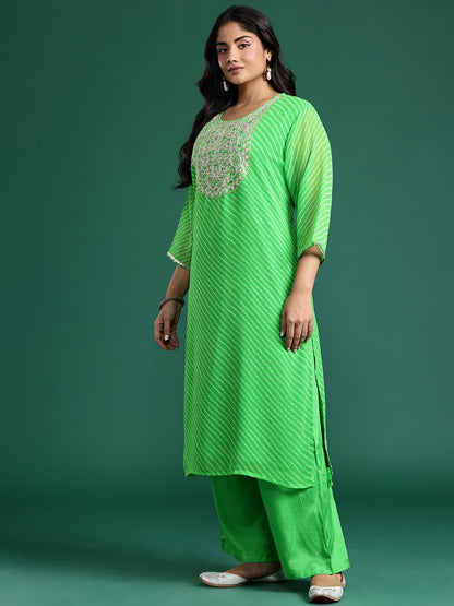 Indyancart Women's Leheriya Printed Mirror Work Kurta with Palazzos & Dupatta