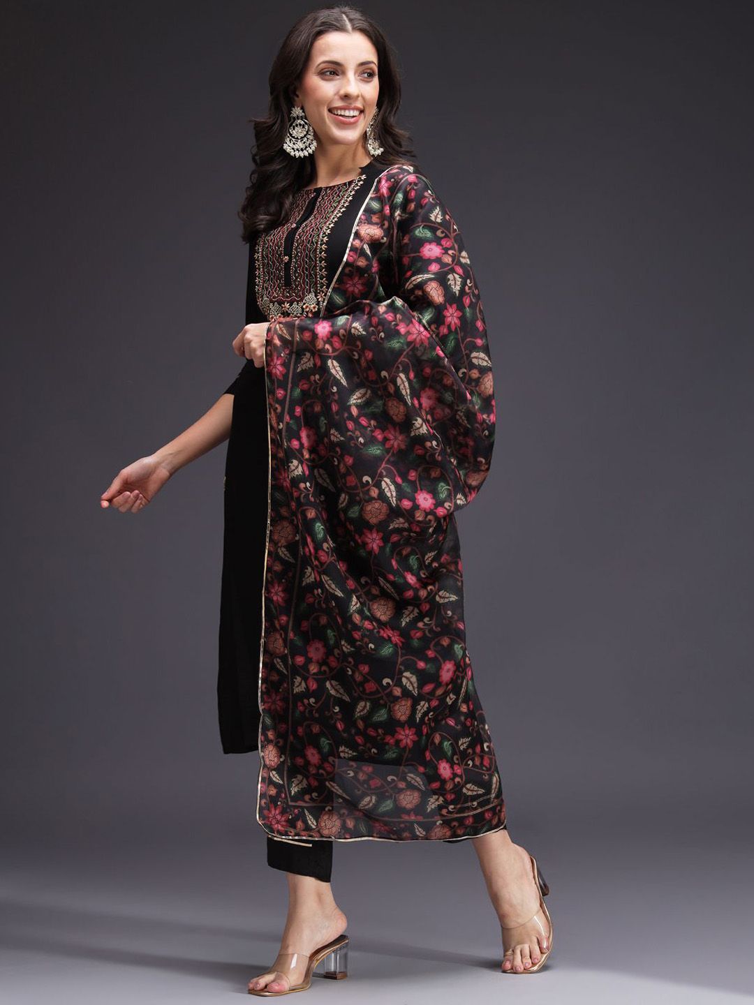 Indyancart SN Women's Floral Embroidered Kurta with Trousers & Dupatta