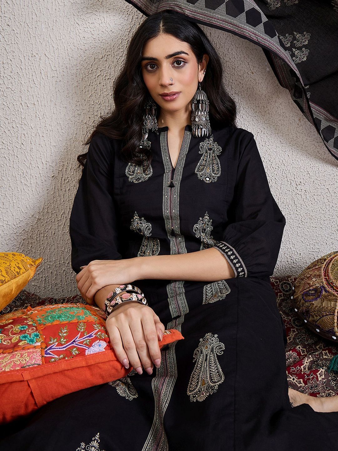 Women Ethnic Motifs Embroidered Cotton Kurta with Trousers & Dupatta