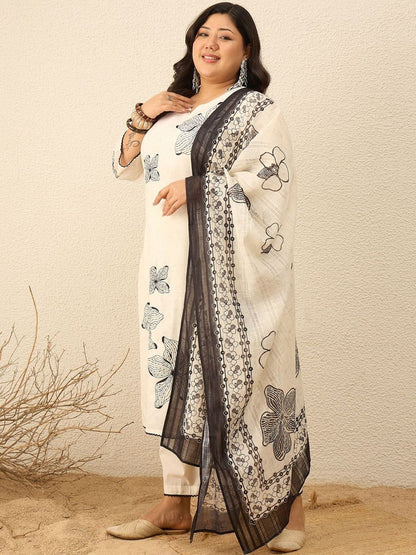 Indyancart Women's Floral Printed Regular Pure Cotton Kurta with Trousers & With Dupatta