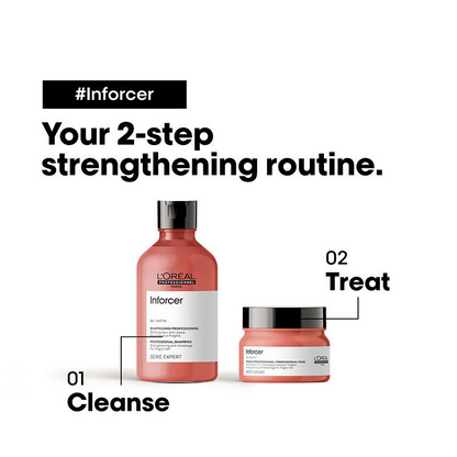 L'Oreal Paris Serie Expert Inforcer strengthening shampoo and hair mask set for damaged hair, with bottles and packaging visible.