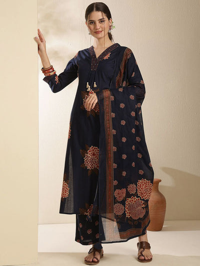 Indyancart SN Women's Floral Printed Pure Cotton V-Neck Straight Kurta With Trouser & Dupatta