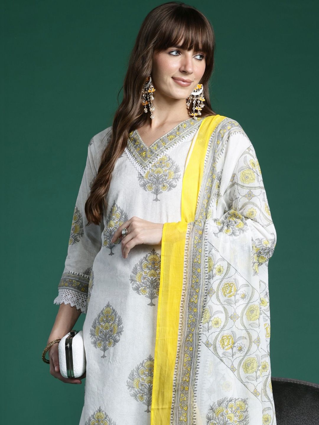 Women Ethnic Motifs Printed Regular Pure Cotton Kurta with Trousers & With Dupatta