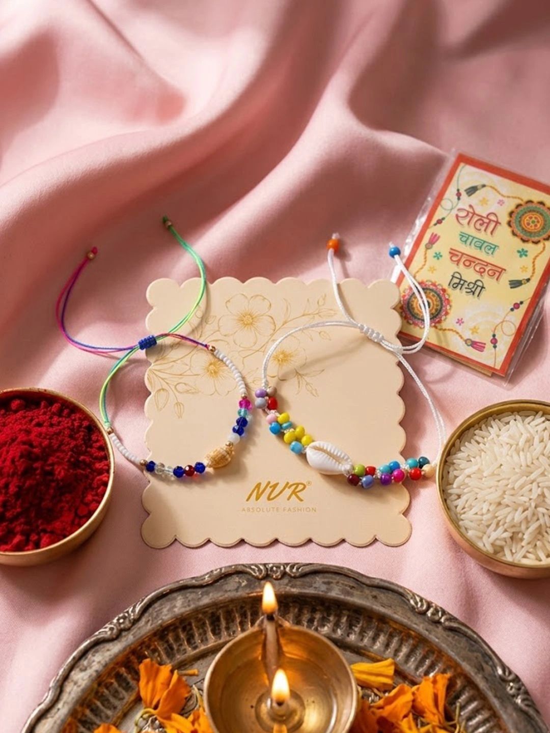 Anouk Set Of 2 Artificial Beads Thread Rakhi With Roli Chawal Chandan Mishri