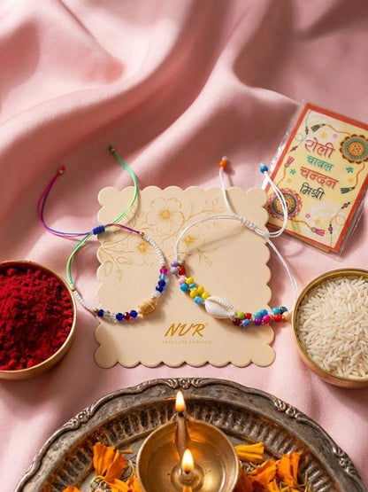 Anouk Set Of 2 Artificial Beads Thread Rakhi With Roli Chawal Chandan Mishri