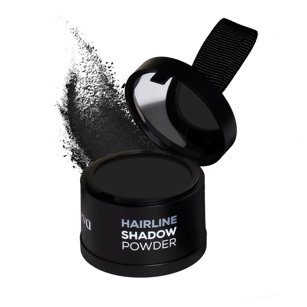 Gleva Hairline Powder in black, a hair color product for root touch-up, shown on a woman with natural hairline.