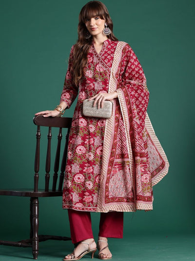 Indyancart IE Women Floral Printed Angrakha Pure Cotton Kurta with Trousers & With Dupatta