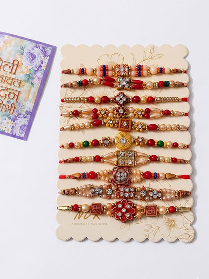 Anouk Set Of 10 Multicolor Designer Thread Rakhi With Roli Chawal Chandan Mishri