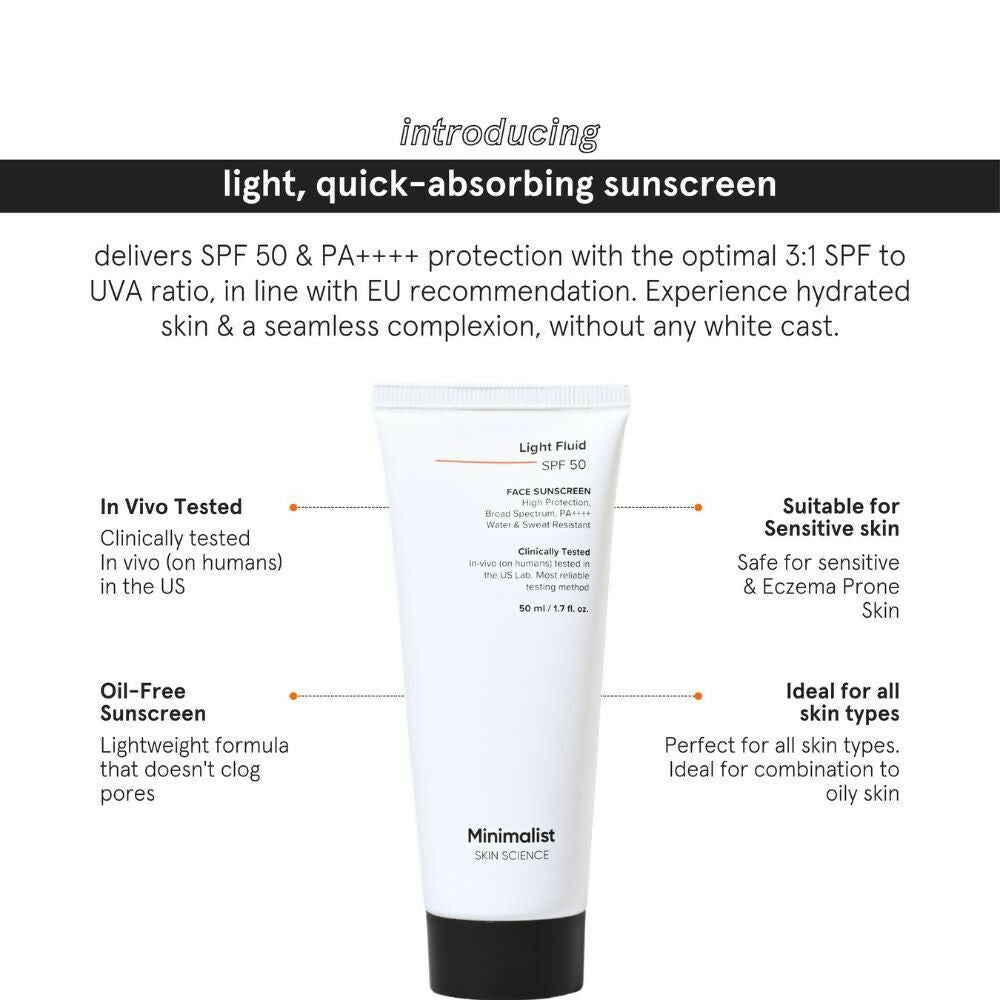 Minimalist lightweight fluid face sunscreen with SPF 50 PA++++, water and sweat resistant, ideal for daily sun protection.
