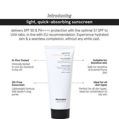 Minimalist lightweight fluid face sunscreen with SPF 50 PA++++, water and sweat resistant, ideal for daily sun protection.