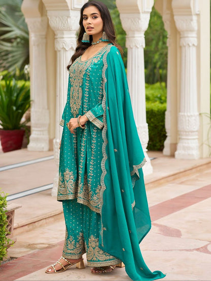 Indyancart IE Women Ethnic Motifs Embroidered Regular Thread Work Kurta with Sharara & With Dupatta