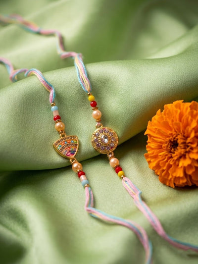 Dhiyona Set Of 2 Gold Toned Artificial Stones & Beads Thread Rakhi With Roli Chawal Chandan