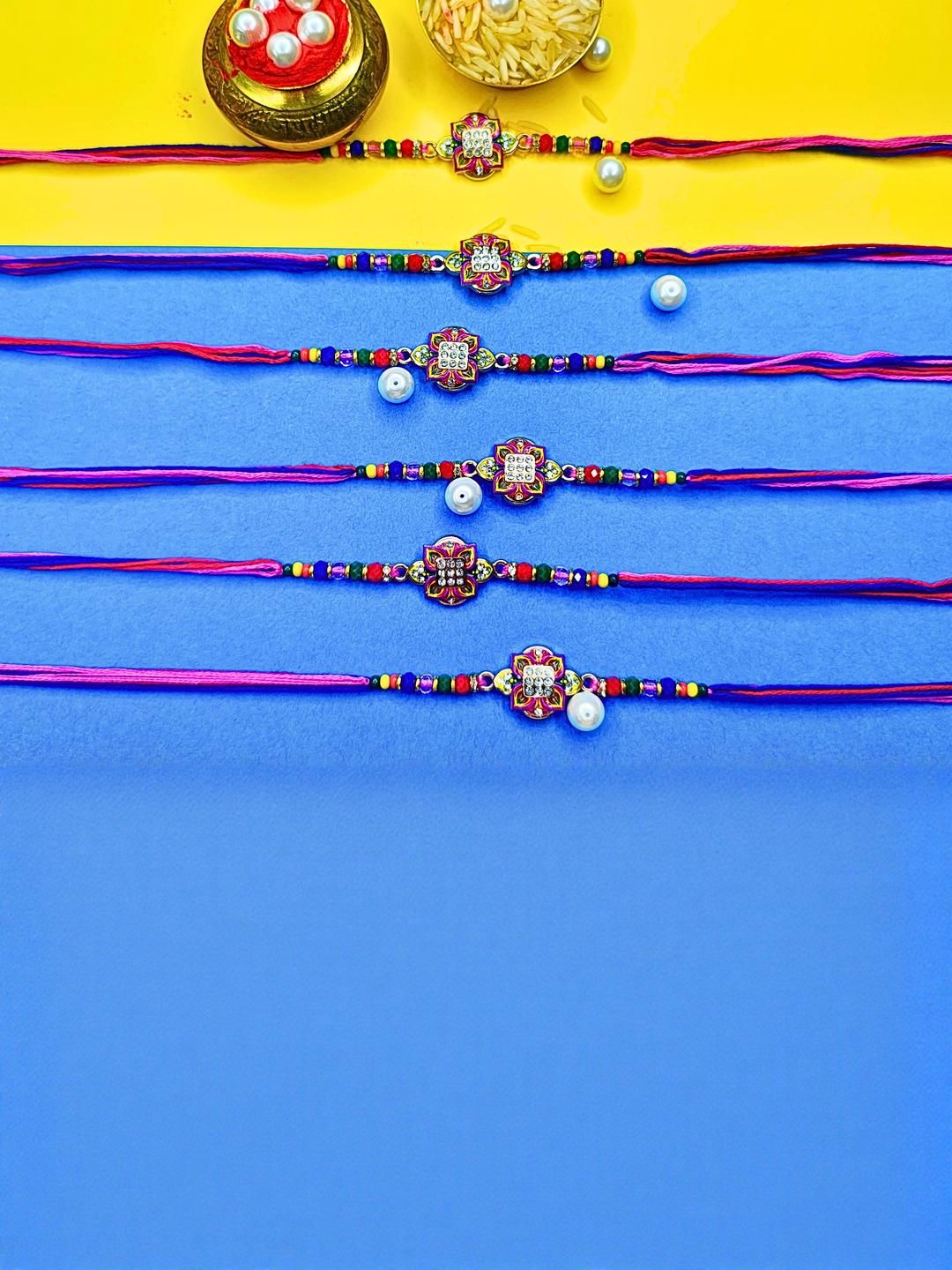 Anouk Set Of 6 Beaded Cotton Thread with AD Stones & Meenakari Designer Rakhi for Brother