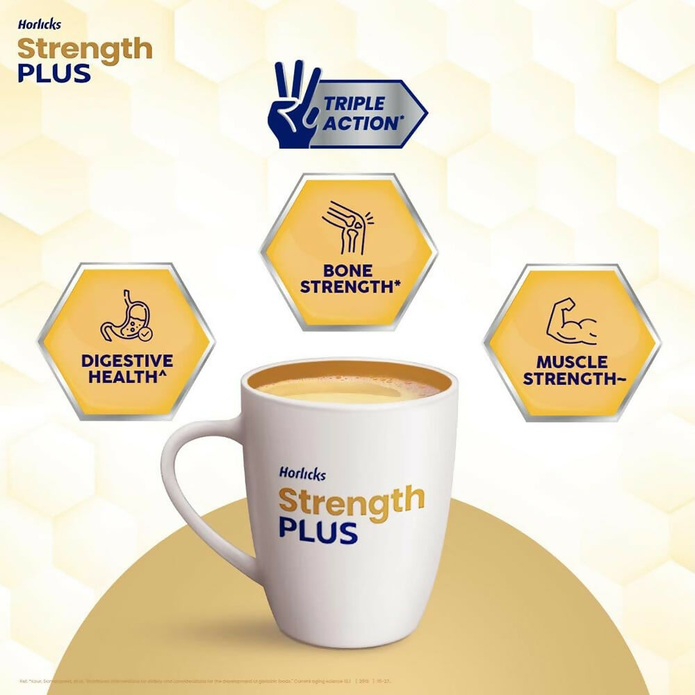 Cup of Horlicks Strength Plus vanilla-flavored health drink in a glass, showing the creamy texture and vanilla flavor.