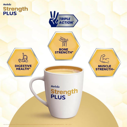 Cup of Horlicks Strength Plus vanilla-flavored health drink in a glass, showing the creamy texture and vanilla flavor.
