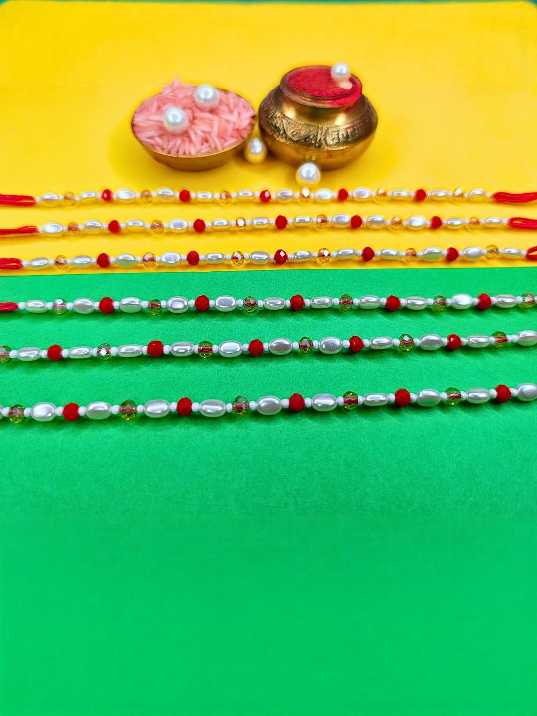 Anouk Set Of 6 Beaded Cotton Thread with AD Stones & Meenakari Designer Rakhi for Brother